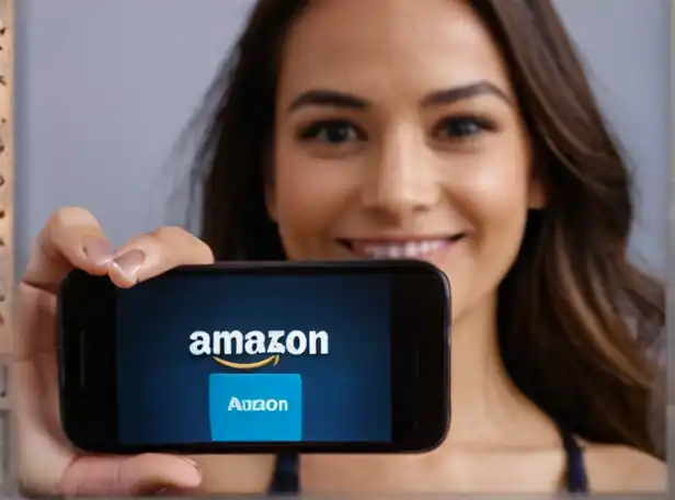 Person holding phone with Amazon logo on screen, smiling woman in background