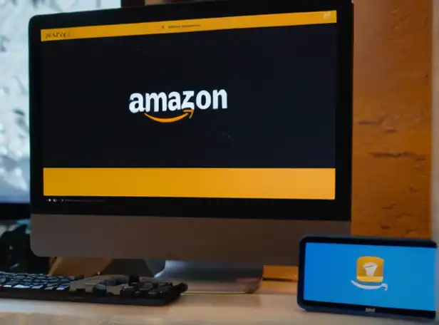 A person sitting in front of a computer with an Amazon logo