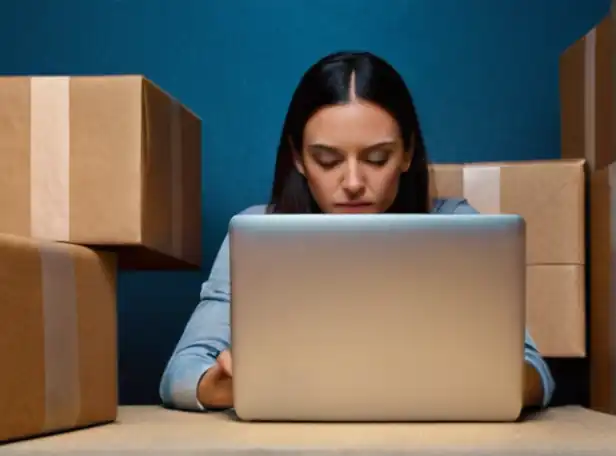 A person on a laptop surrounded by cancelled packages