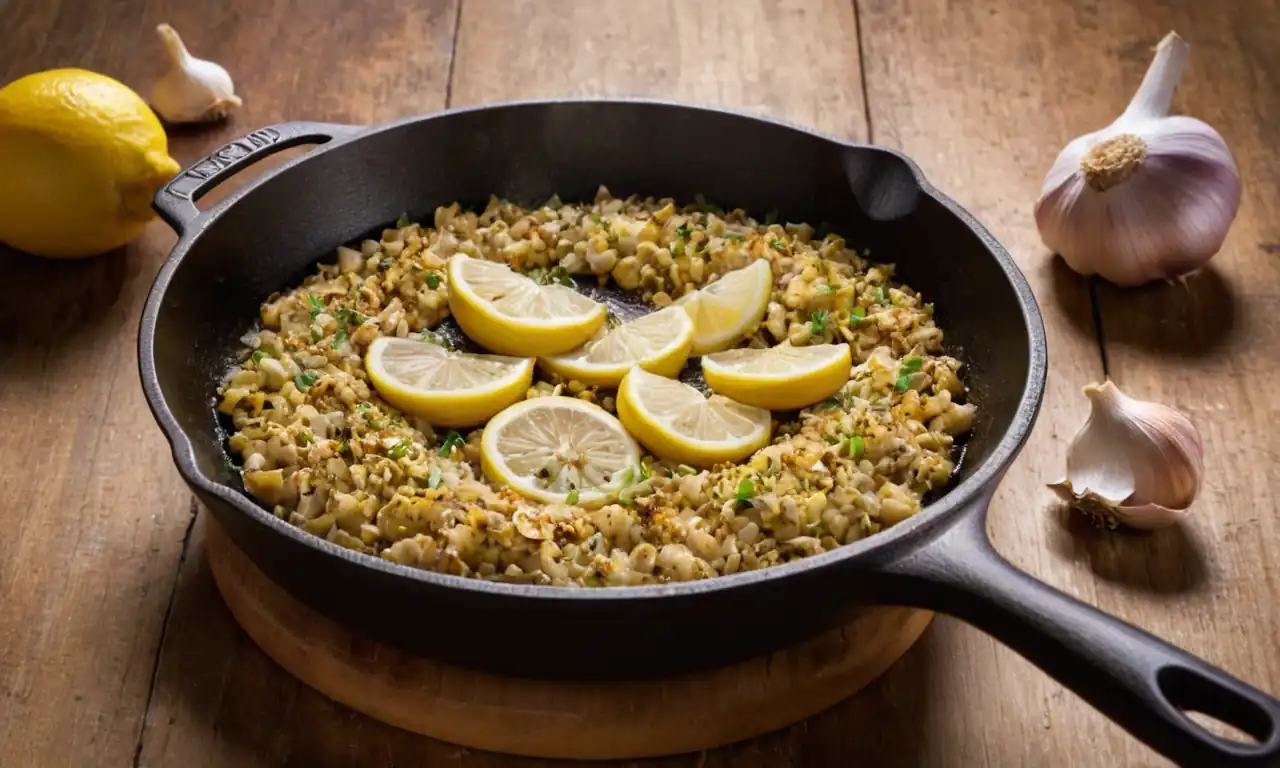 Sizzling skillet, shell fragments, garlic cloves, lemon slice