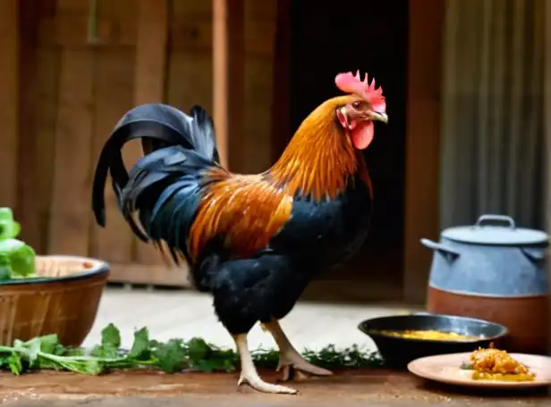 Happy chicken pecking at farmstead table