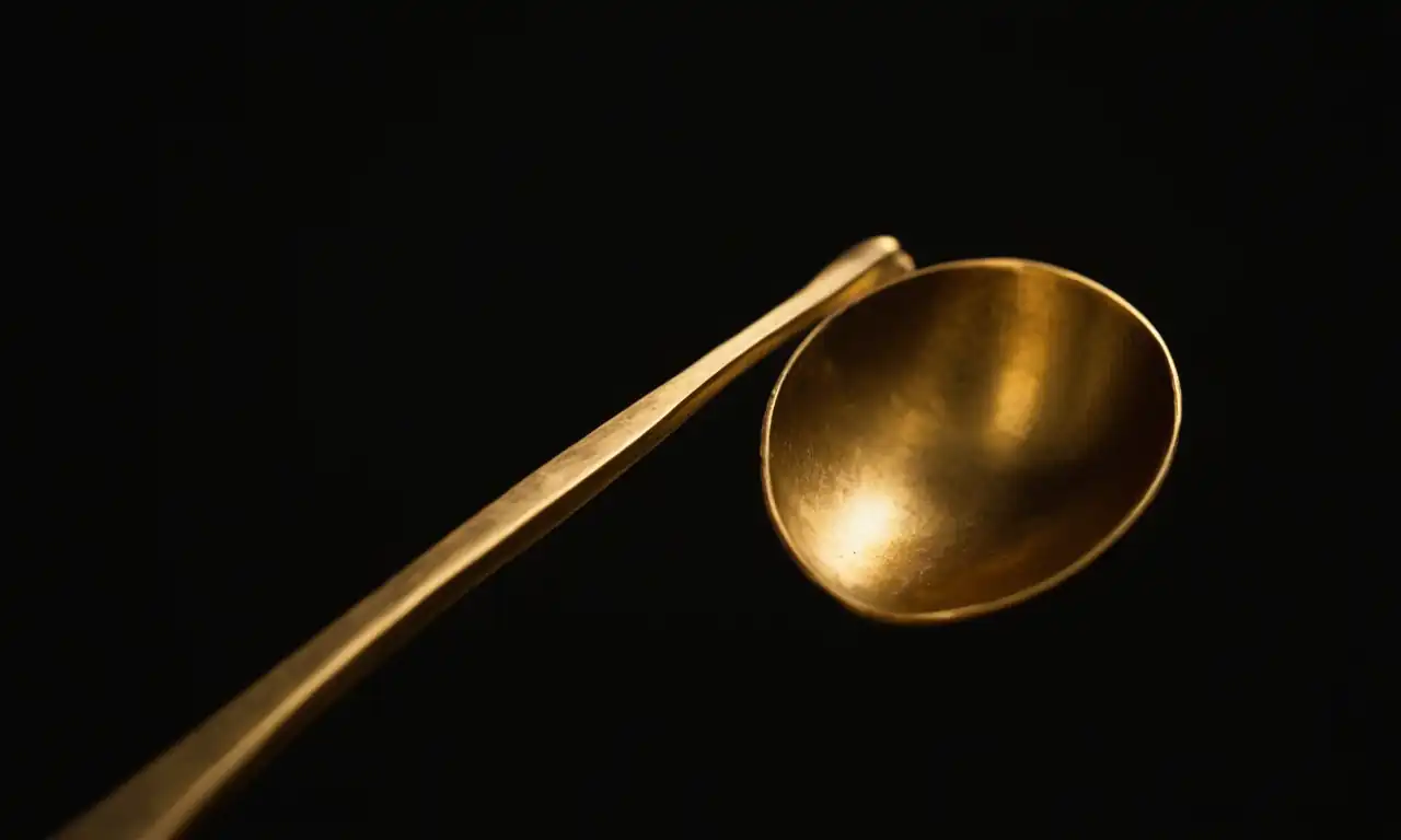 24K oro reluciente en una cuchara con fondo oscuro