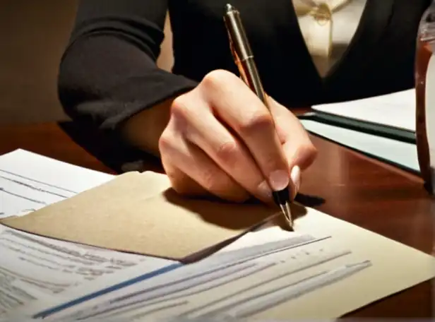 Woman sitting at desk with papers and pen