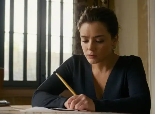 A person sitting at a desk writing a letter with a concerned expression