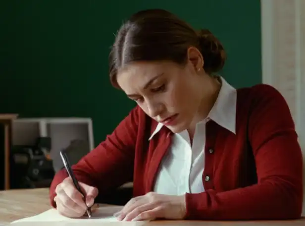 A person sitting at a desk writing letter with concerned expression