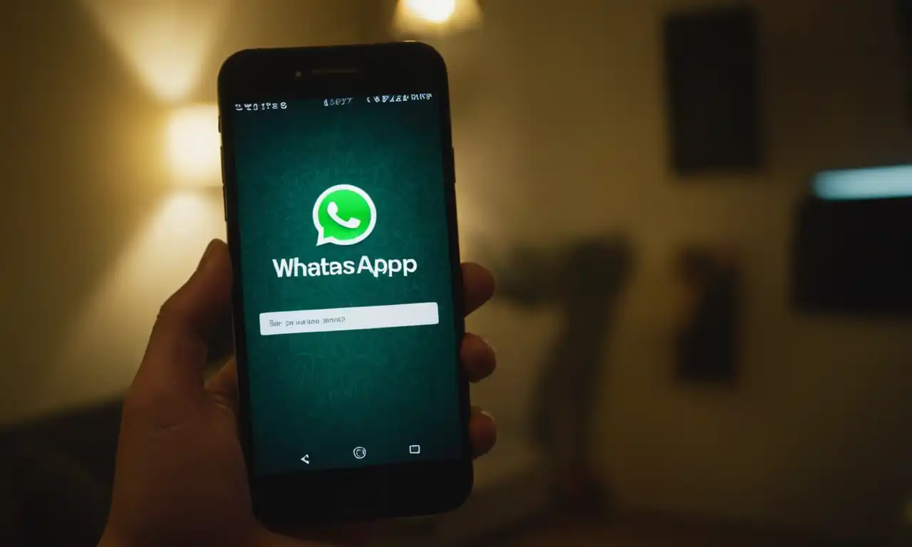 Smartphone oculto, pantalla iluminada con una conversación WhatsApp en secreto
