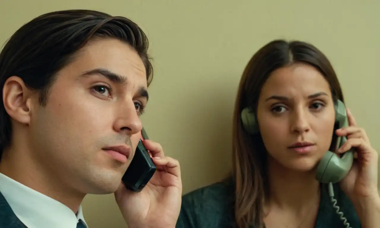 3 personas sentadas en frente de un teléfono con expresiones preocupadas