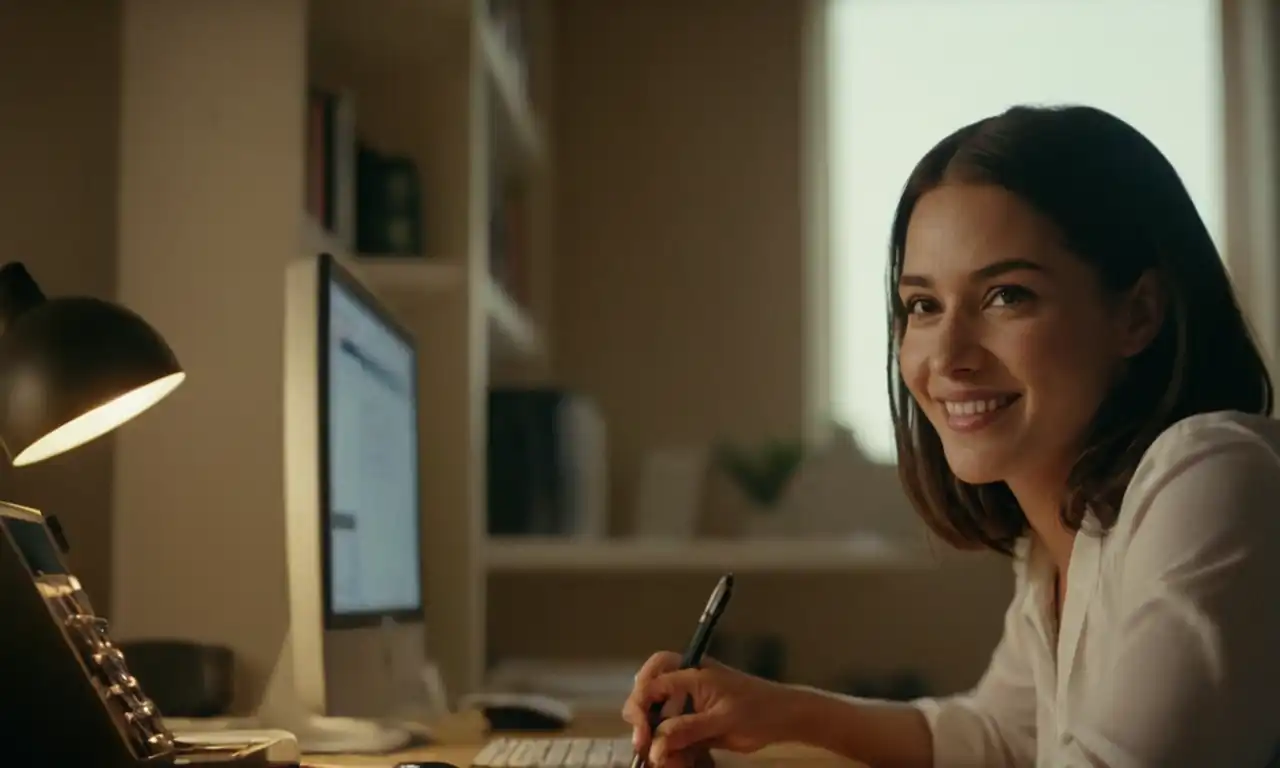 Persona sentada en un escritorio, llenando un formulario con una sonrisa confiada