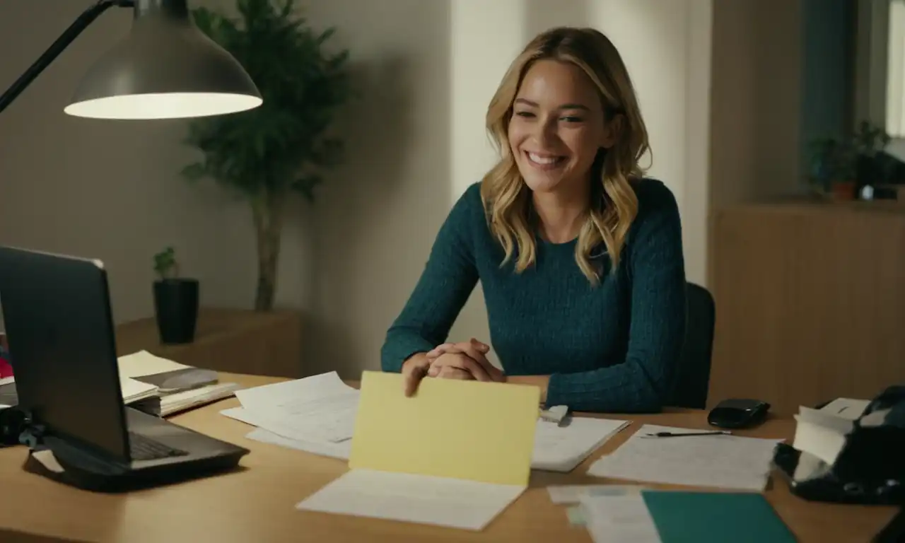 Persona sonriendo con documentos de renta en una mesa de trabajo