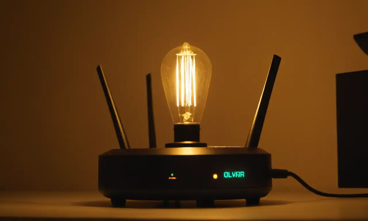 Un router con un olivo y una lámpara brillando en primer plano