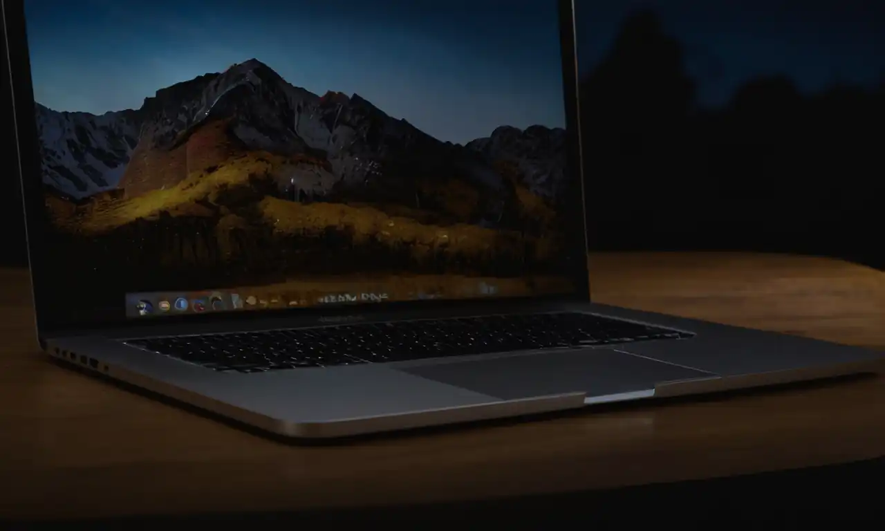 Macbook Pro iluminado en una superficie oscura con luces de fondo