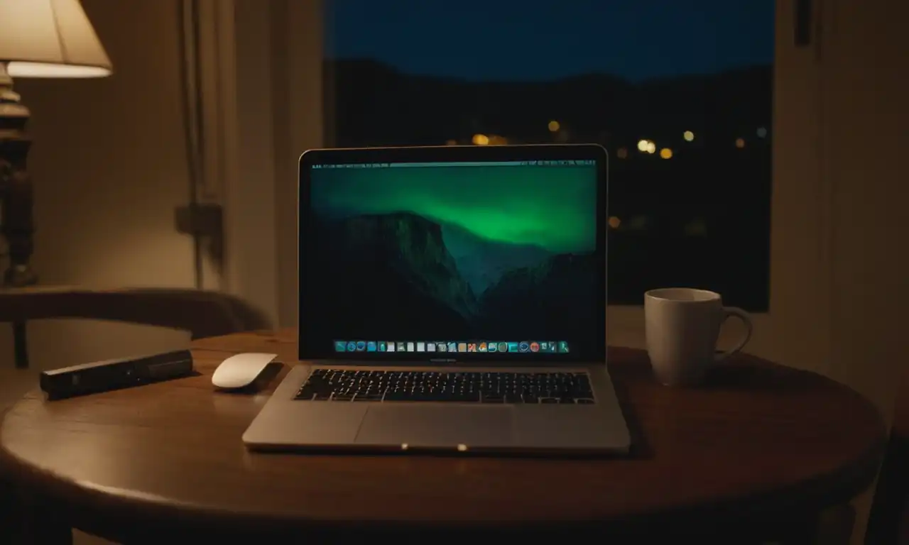 Macbook abierto en un entorno nocturno con una luz tenue