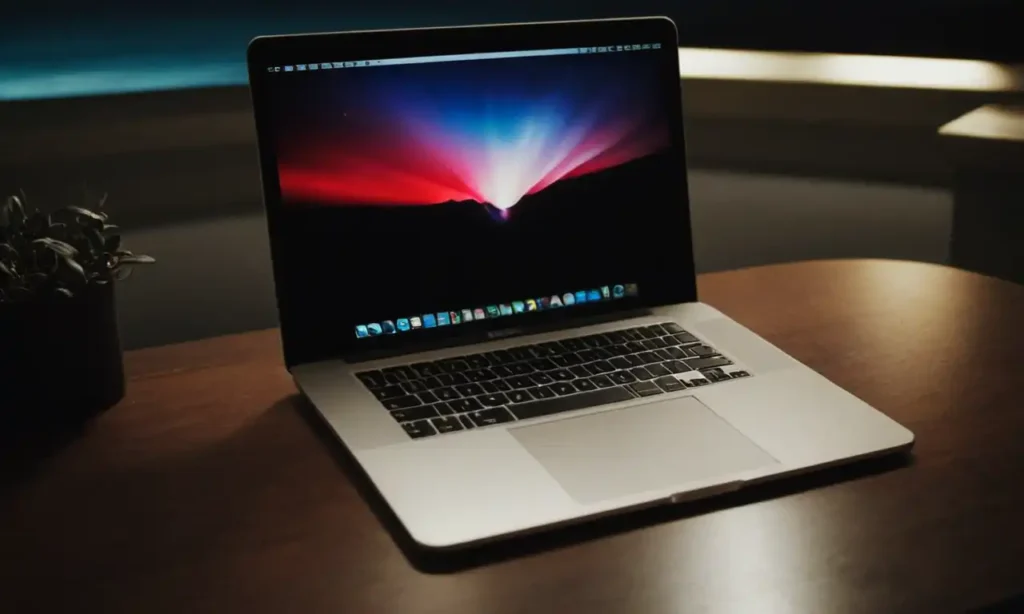 Un portátil MacBook Pro iluminado en un espacio de trabajo