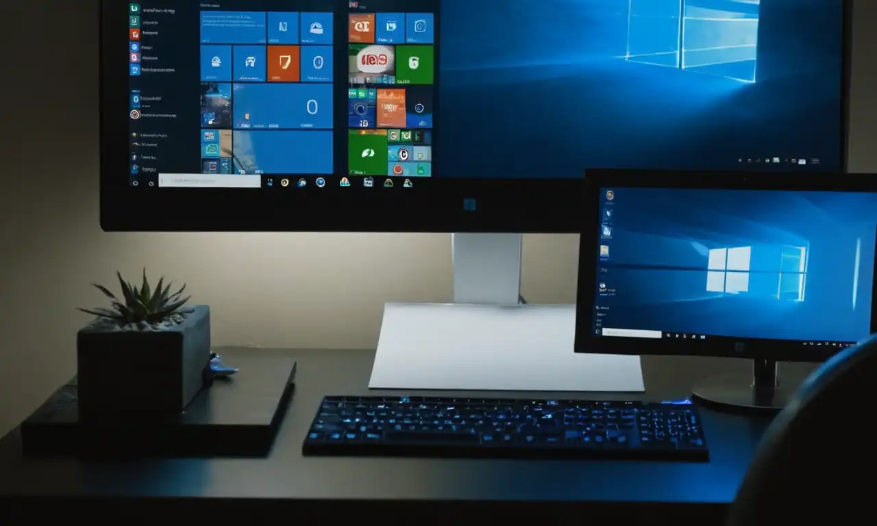 Un ordenador Windows 10 en una mesa con una flecha azul hacia arriba indicando velocidad