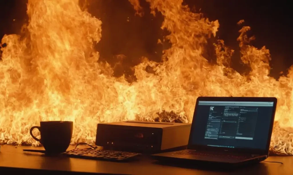 Fuego y computadora portátil en un entorno laboral