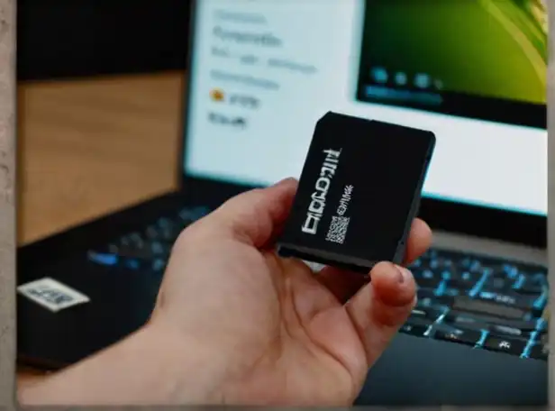 A person holding a laptop with an open external hard drive and a connected SD card