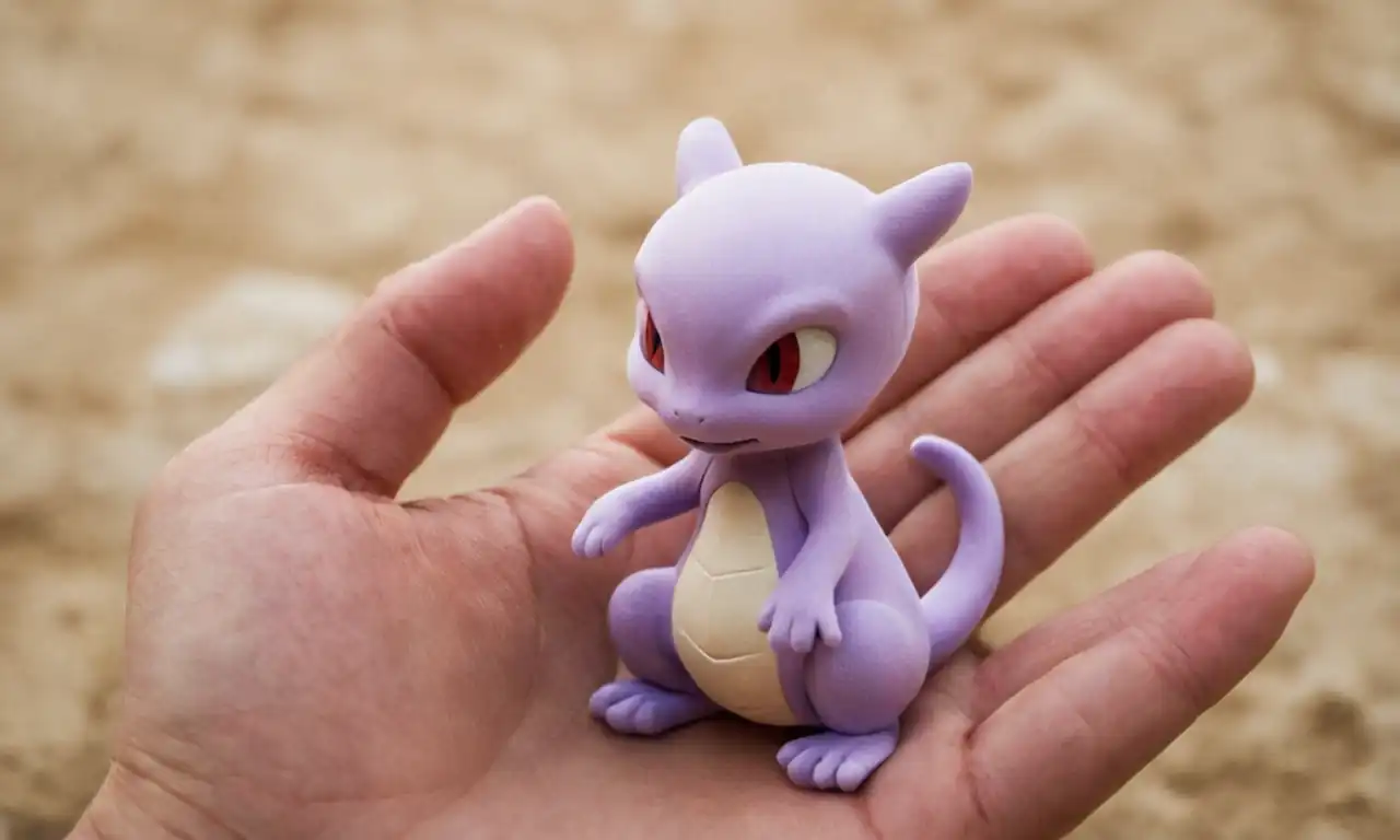 Un Pokémon Mewtwo rodeado de regalos y monedas, con una mirada misteriosa