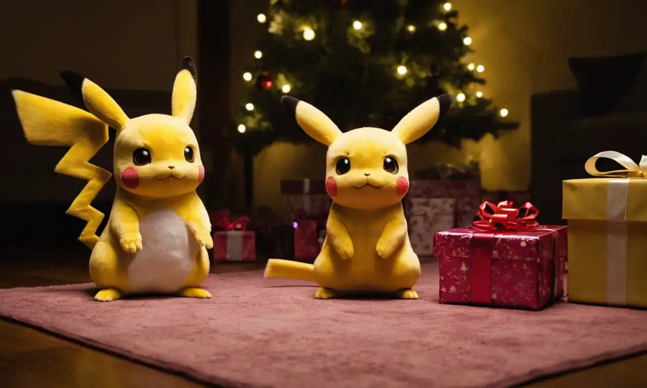 Mewtwo y Pikachu sentados con regalos