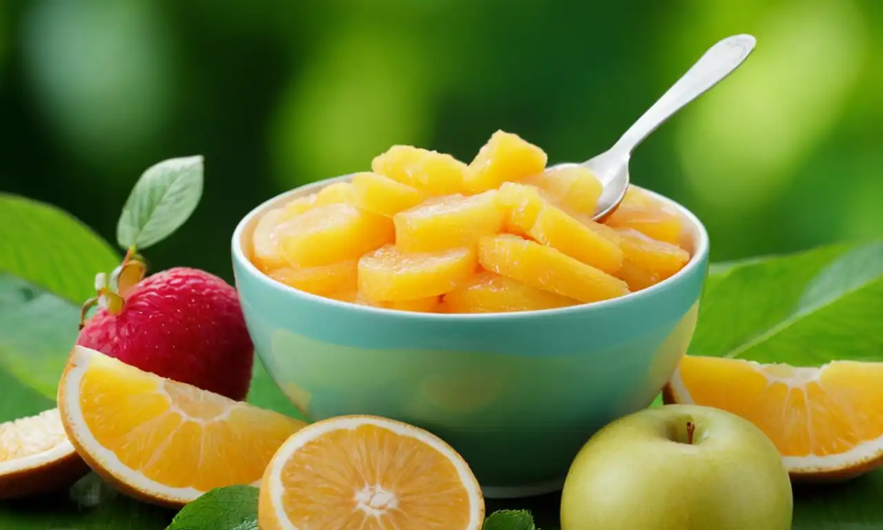 Fresh fruit slices, baby food bowls, spoon, green leafy background