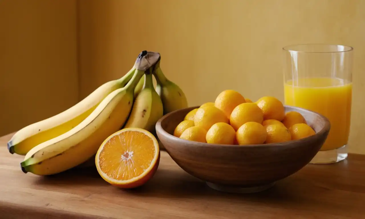 Fresh fruit bowls, ripe bananas, pureed orange juice