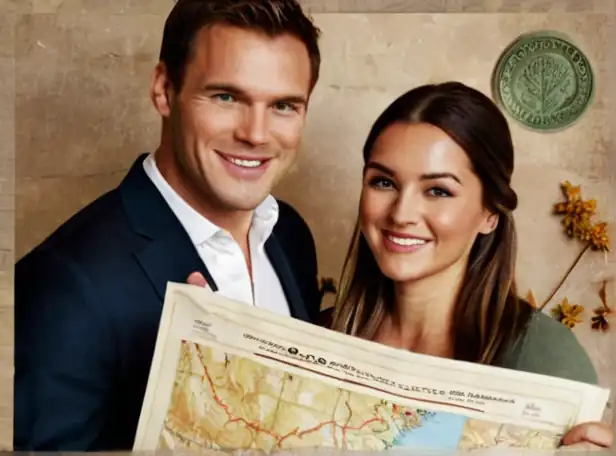 Land deed and property map with a happy couple smiling