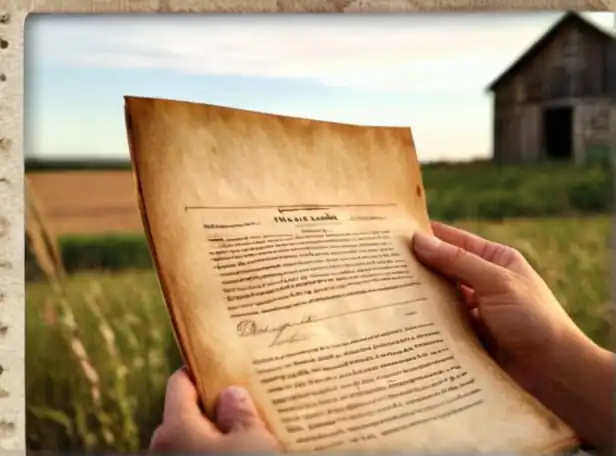 A person holding a property deed near a rustic farmhouse