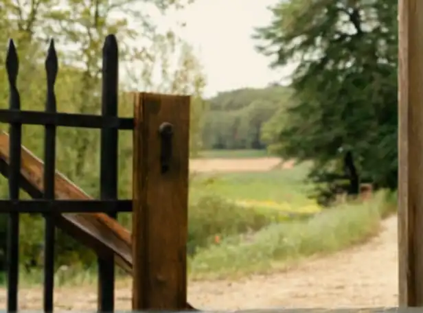 A person holding papers near a rustic gate with trees in the background