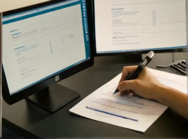 A person checking official documents at a desk with computer screen