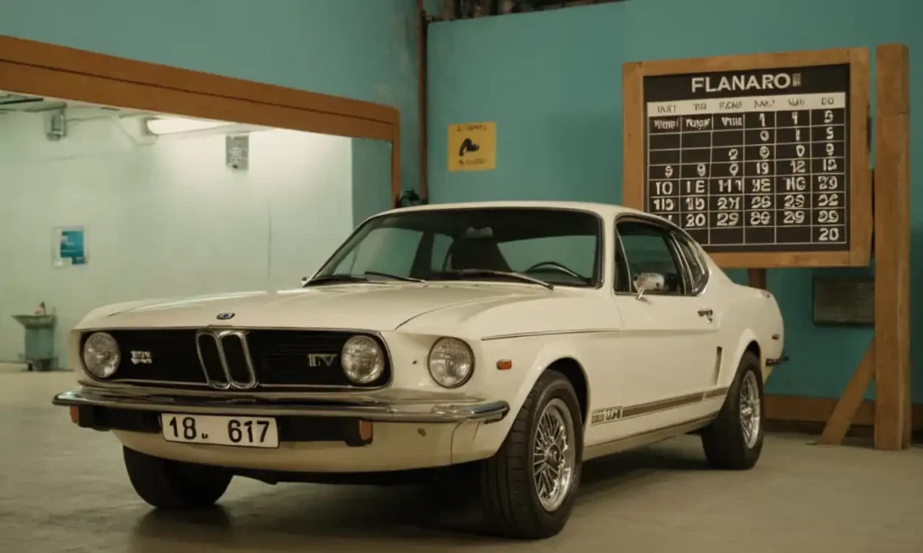 Coche en el taller con un calendario y una placa de ITV