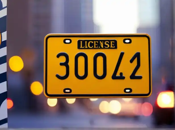 License plate with points and fine amount on a blurred city background