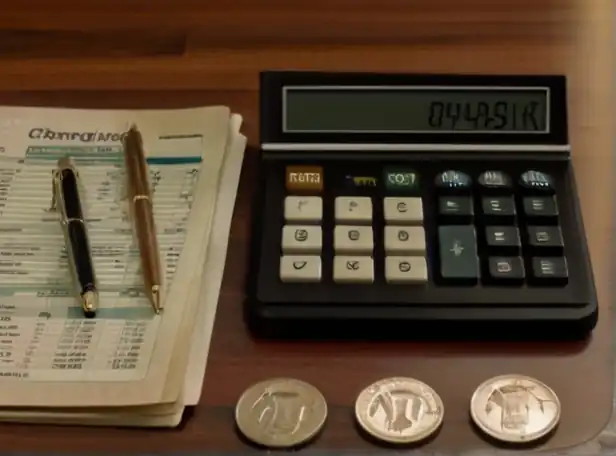 Calculator on desk surrounded by coins and financial documents