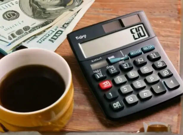 A calculator on a desk with money and charts surrounding it