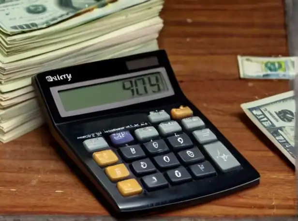 A calculator on a desk surrounded by money and papers