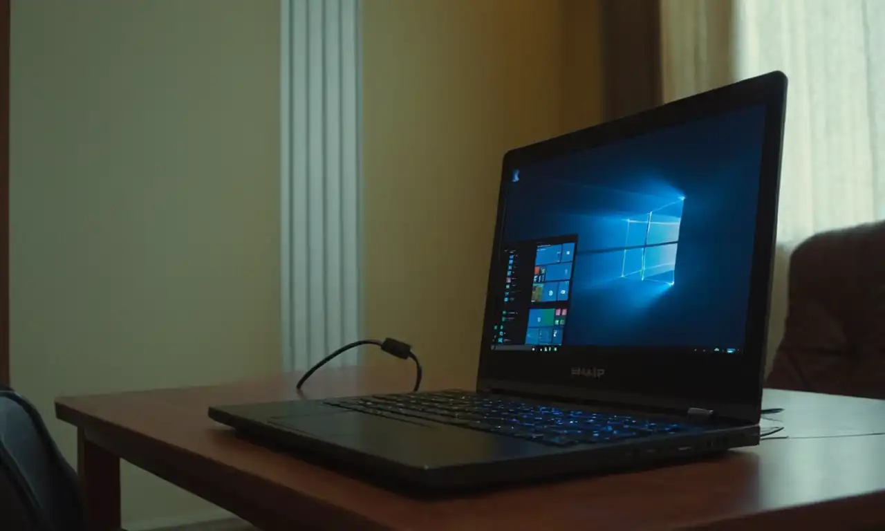 Un ordenador portátil con pantalla brillante y una llave electrónica