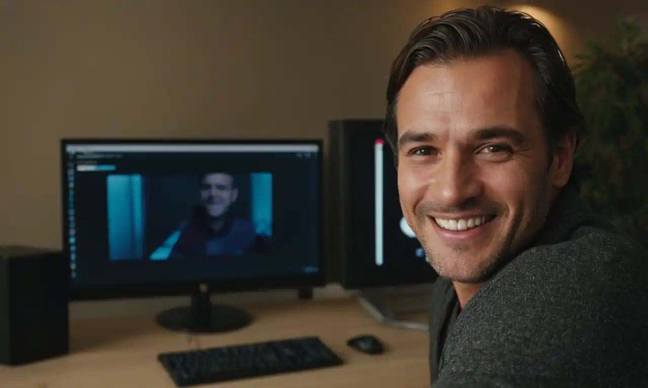 Un hombre sentado ante un ordenador, con una sonrisa de satisfacción