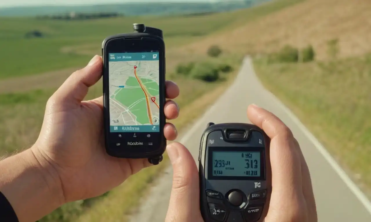 Una persona con un teléfono en mano, mirando una ruta GPS