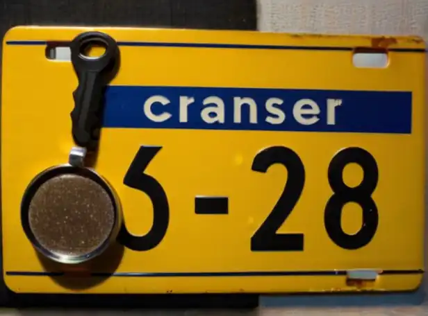 A license plate with a magnifying glass and keys in front