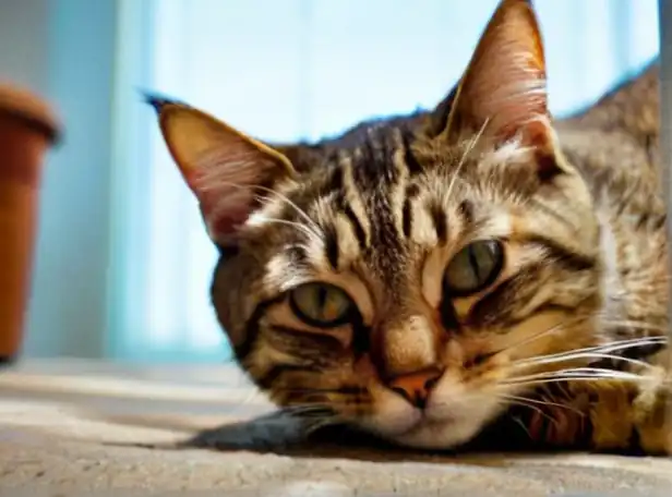 A cat lying on its side with an uncomfortable expression