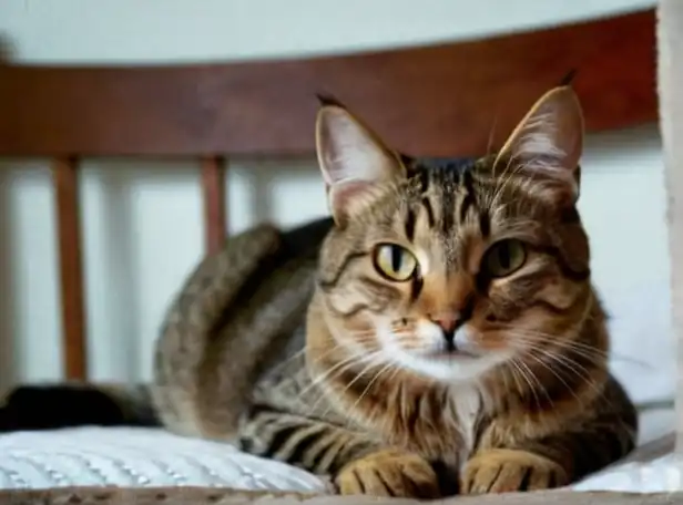 A concerned cat lying on a bed with an upset expression