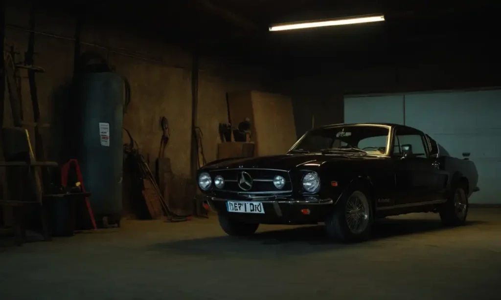 Carro sin vida en un garaje oscuro con herramientas alrededor