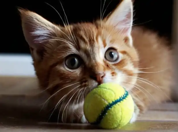 Kitten or puppy face with whiskers and a ball