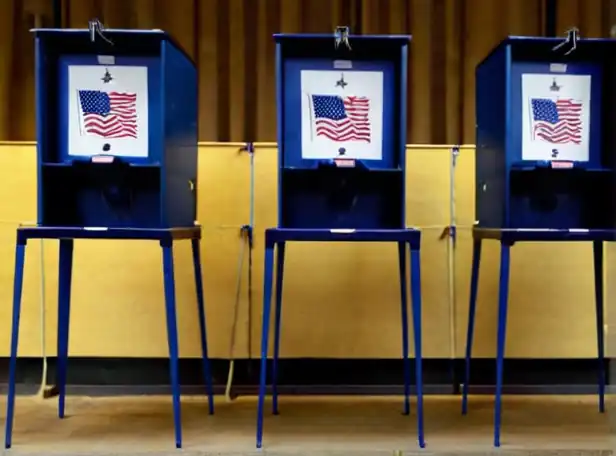 Citizens casting ballots at polling stations with voting guides