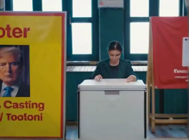 Voter casting ballot at polling station amidst election posters