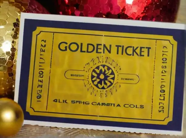 Golden ticket surrounded by festive loteria balls and sparkling confetti