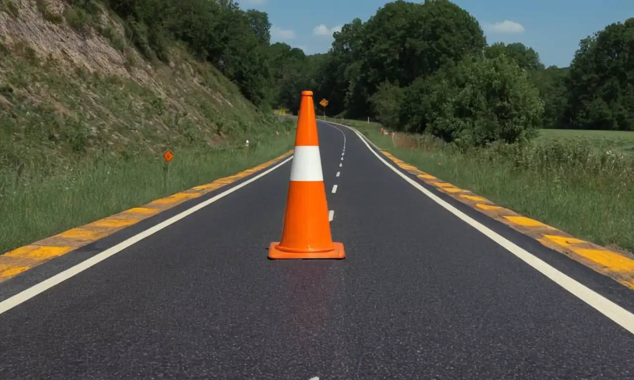 Dashboard clock, traffic cone, highway signs, road map