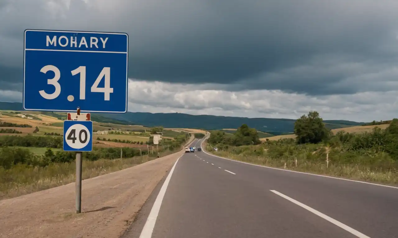 Car license, road signs, calendar clock, highway landscape