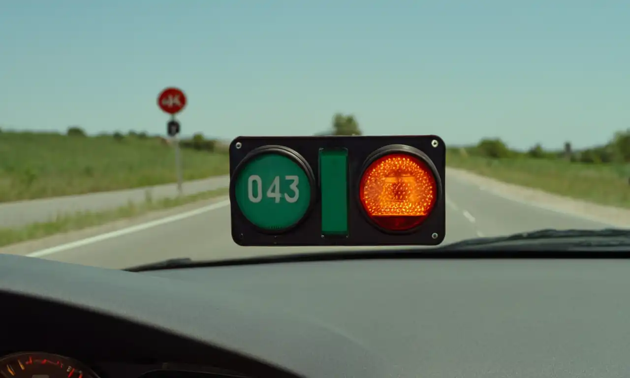 Car license plate, road signs, dashboard display, traffic light