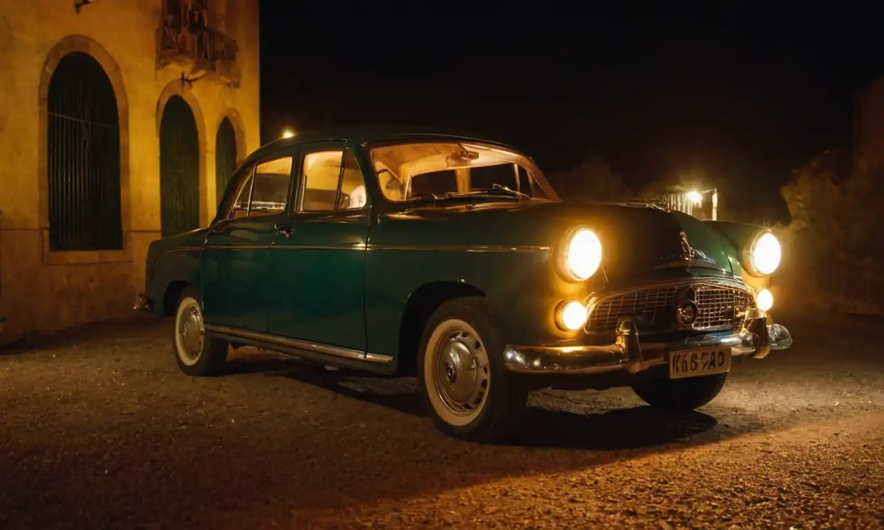 Viejo coche con luces débiles en un fondo sombrío