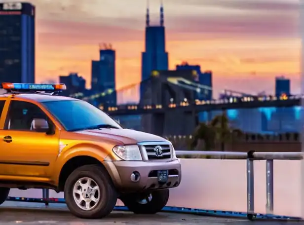 Car on tow truck with blurred background and cityscape