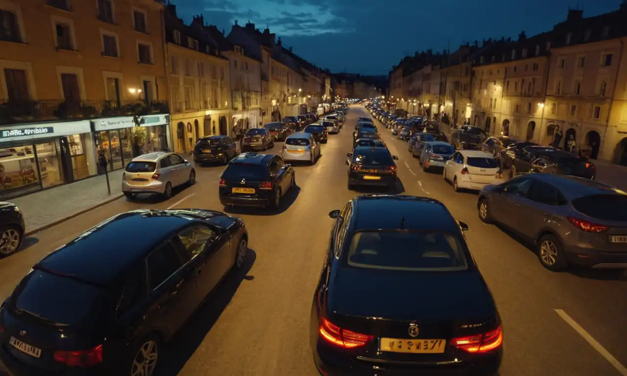 Coches circulando por una ciudad luminosa con leyendas Europa